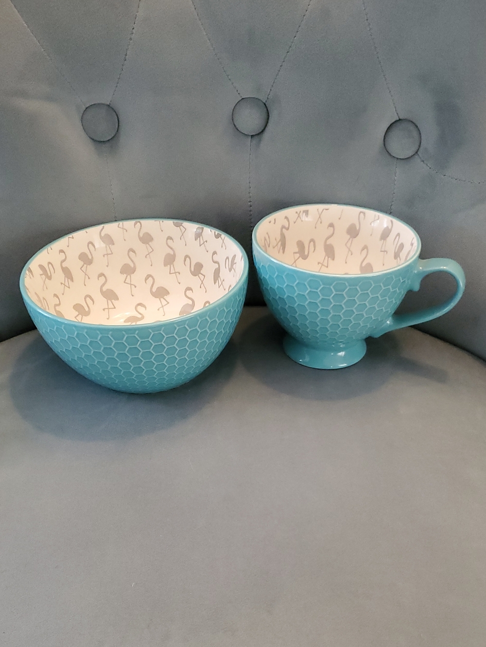 Turquoise Flamingo Pattern Ceramic Serving Bowl & Cup -